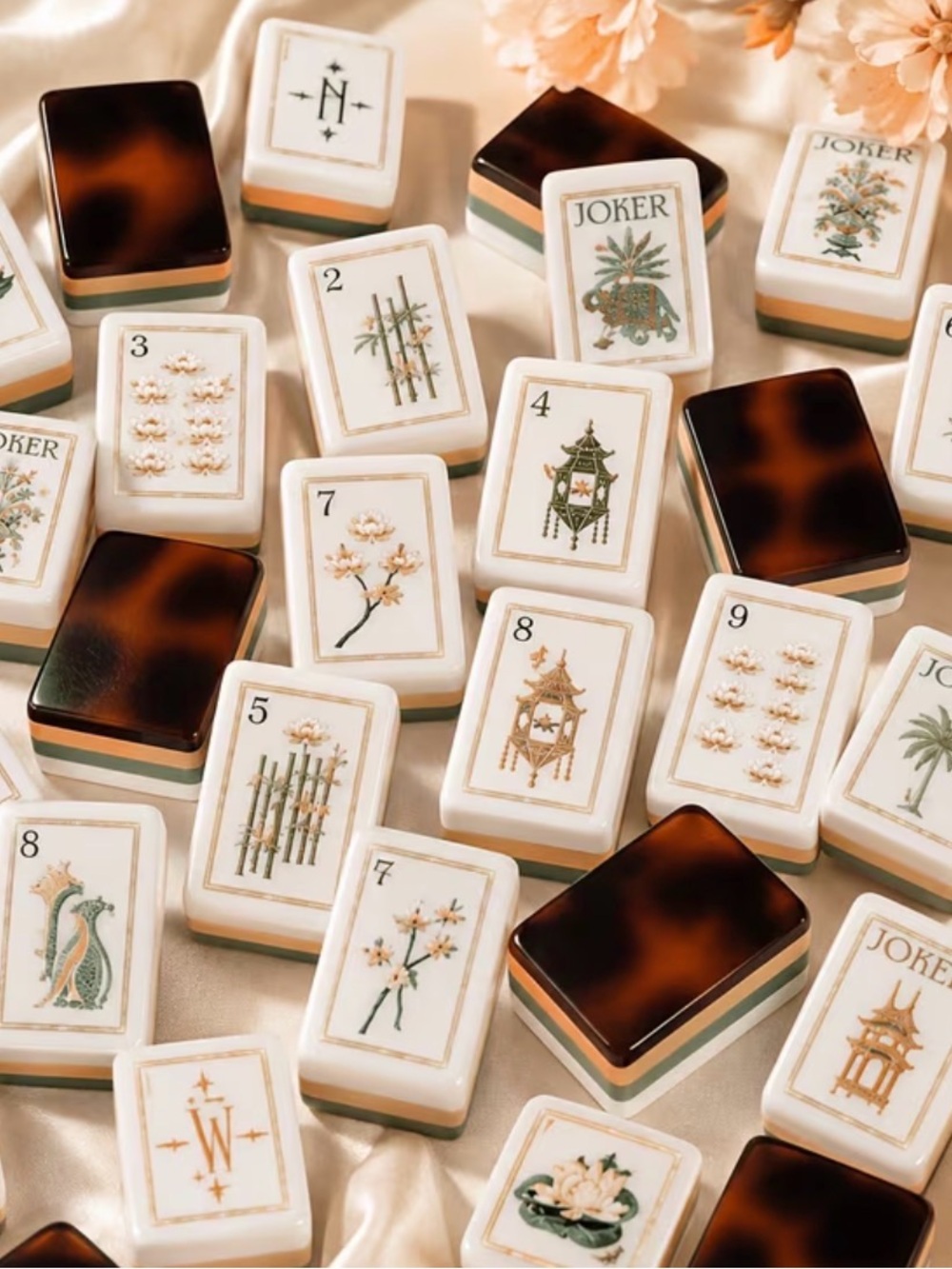 Classic Floral Mahjong Tiles Set - Ivory with tortoise